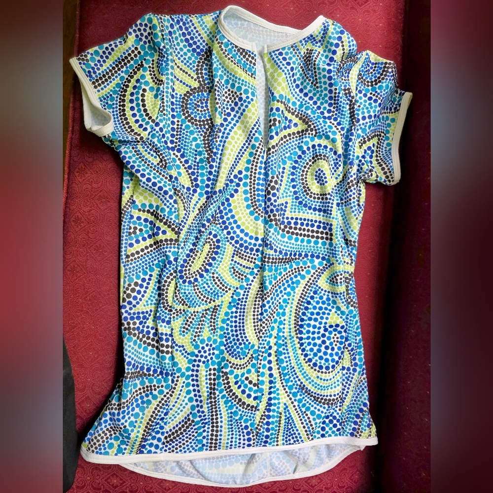 Performance Cycling Top, Short Sleeve Tee - Blue and Green Pattern, Back Pockets